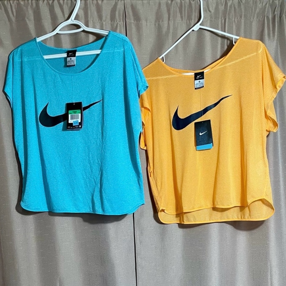 NWT 2 Nike Women’s XL Dri-Fit City Cool Swoosh Running Shirts in Blue & Orange - Picture 1 of 12